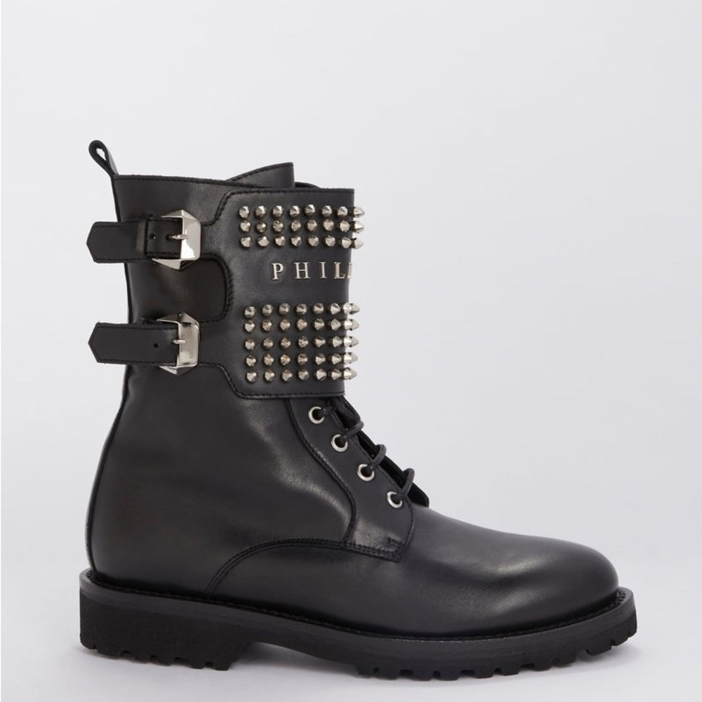 Philipp Plein Black Leather Studded Combat Bikercore Moto Boots size 39